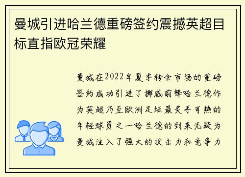 曼城引进哈兰德重磅签约震撼英超目标直指欧冠荣耀