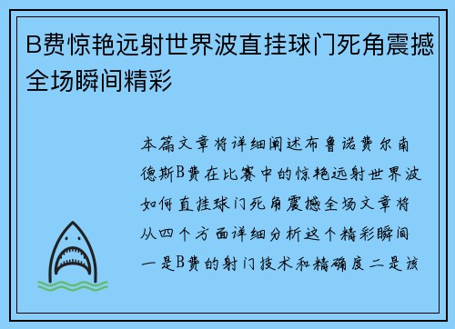 B费惊艳远射世界波直挂球门死角震撼全场瞬间精彩